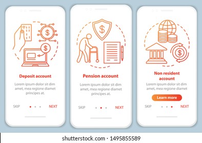 Account types onboarding mobile app page screen vector template. Pension, non resident accounts. Walkthrough website steps with linear illustrations. UX, UI, GUI smartphone interface concept