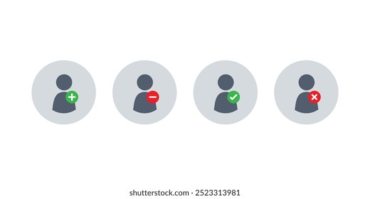 Cuenta de perfil de icono de usuario conjunto de iconos de avatar por defecto con más, menos, tick, Vector de marcas cruzadas.	