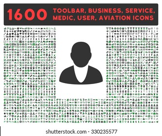 Account vector icon and 1600 other business, service tools, medical care, software toolbar, web interface pictograms. Style is bicolor flat symbols, green and gray colors, rounded angles, white