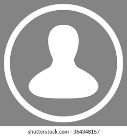 Account vector icon. Style is flat circled symbol, white color, rounded angles, gray background.