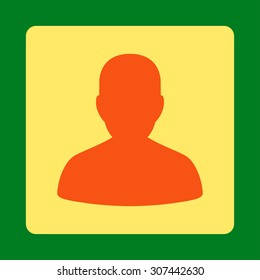 Account vector icon. This flat rounded square button uses orange and yellow colors and isolated on a green background.