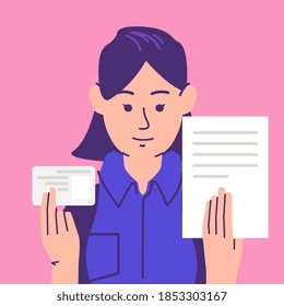 Account Verification concept. A young girl holding id cards and letter. Flat vector illustration.
