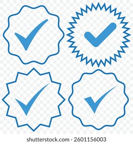Account verification icon collection. Verified badge icon set. Social media account verification icons. Check mark icons. Tick vector icons. EPS 10.