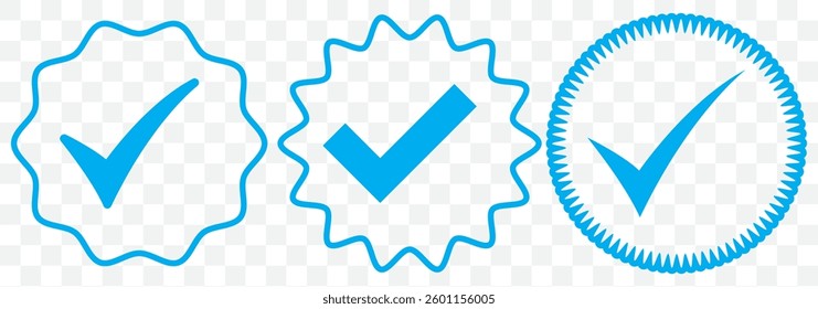 Account verification icon collection. Verified badge icon set. Social media account verification icons. Check mark icons. Tick vector icons. EPS 10.