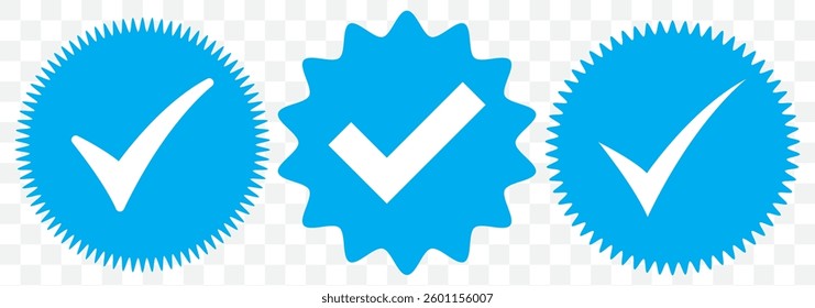 Account verification icon collection. Verified badge icon set. Social media account verification icons. Check mark icons. Tick vector icons. EPS 10.