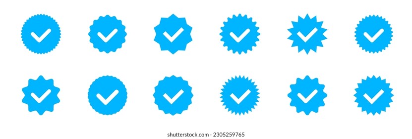 Icono de verificación de cuenta. Iconos de verificación de medios sociales. Conjunto de perfiles de distintivos verificados. Colección de iconos de marca de verificación azul