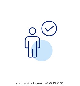 Account verified, identification confirmed. Person and checkmark. Pixel perfect, editable stroke vector icon