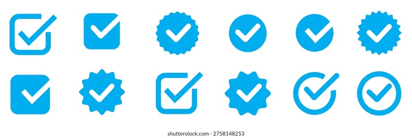account verify icon, verified badge icon with check mark tick symbol : confirmed, approved, verification icons