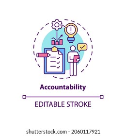 Accountability concept icon. Self regulation. Personal responsibility. Work management. Self control idea thin line illustration. Vector isolated outline RGB color drawing. Editable stroke