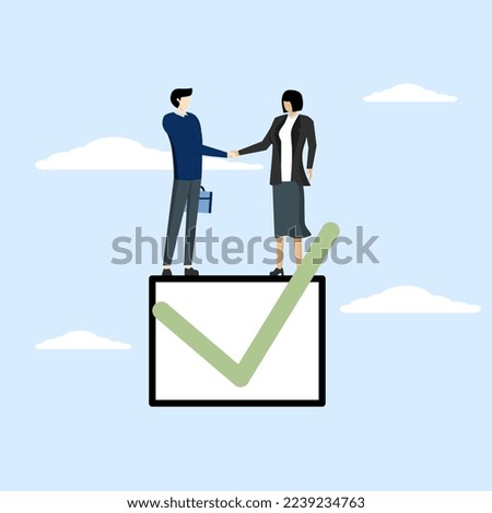 accountability or engagement concept, businessman handshake on completed checkbox. Commitment, agreement to deliver or complete work, leadership skills or belief in job responsibilities.
