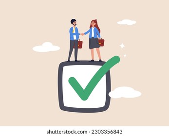 Accountability or engagement concept. Commitment, promise or agreement to deliver or finish work, leadership skill or trust on work responsibility. Businessman handshake on tick completed checkbox.