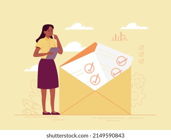 Accountability and financial administration. Female entrepreneur receives letter in envelope with bill and company tax forms. Audit or verification of documents. Cartoon flat vector illustration