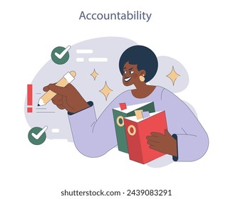 Accountability. Illustration of a committed individual with documents, emphasizing responsibility and task completion.