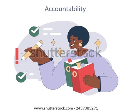 Accountability. Illustration of a committed individual with documents, emphasizing responsibility and task completion.