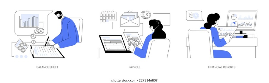 Accountancy abstract concept vector illustration set. Balance sheet, payroll and financial reports, corporate paperwork and documentation, income statement, financial data analysis abstract metaphor.