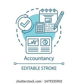 Accountancy concept icon. Budgeting and finance planning. Keeping financial records. Performing audits. Bookkeeping idea thin line illustration. Vector isolated outline drawing. Editable stroke
