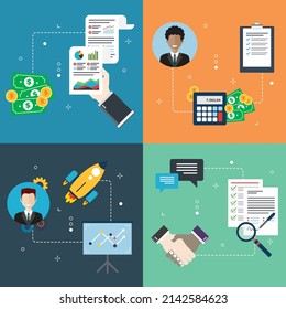 Accountancy, finance, calculating, tax, startup and business icons. Concepts of accountancy balance, calculating tax, startup strategy and contract business. Flat design icons in vector illustration.
