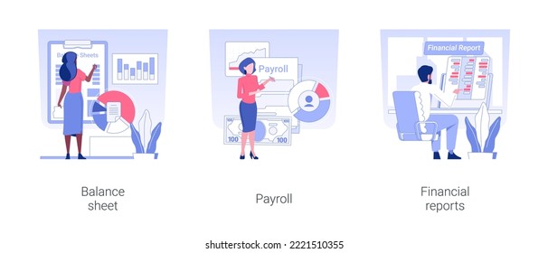 Accountancy isolated concept vector illustration set. Balance sheet, payroll and financial reports, corporate paperwork and documentation, income statement, financial data analysis vector cartoon.