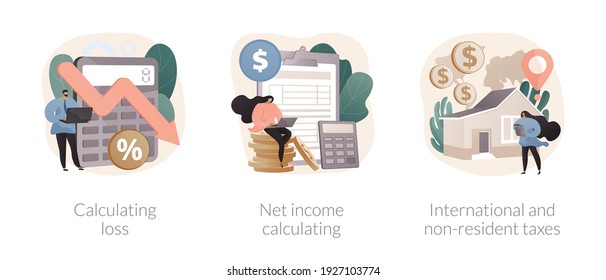 Accountancy service abstract concept vector illustration set. Calculating loss, net income calculating, international and non-resident taxes, profit estimation, net income formula abstract metaphor.