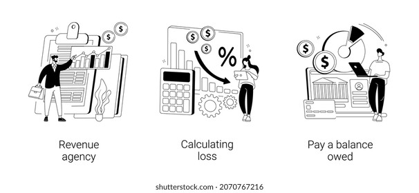 Accountancy service abstract concept vector illustration set. Revenue agency, calculating loss, pay a balance owed, payroll account, tax law, calculate expenses, taxpayer bill abstract metaphor.