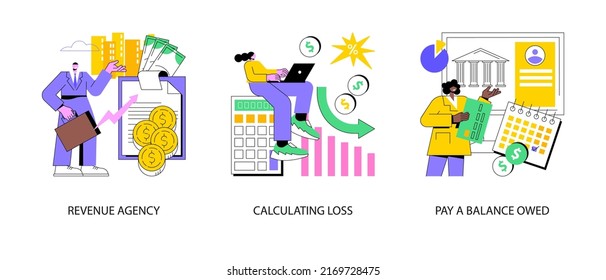 Accountancy service abstract concept vector illustration set. Revenue agency, calculating loss, pay a balance owed, payroll account, tax law, calculate expenses, taxpayer bill abstract metaphor.