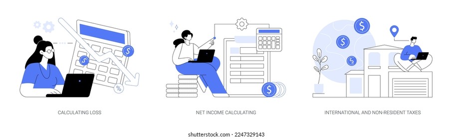 Accountancy service abstract concept vector illustration set. Calculating loss, net income calculating, international and non-resident taxes, profit estimation, net income formula abstract metaphor.