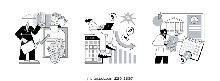 Accountancy service abstract concept vector illustration set. Revenue agency, calculating loss, pay a balance owed, payroll account, tax law, calculate expenses, taxpayer bill abstract metaphor.