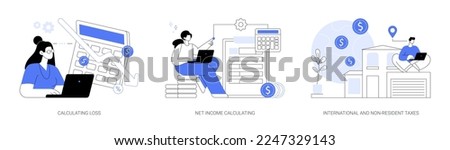 Accountancy service abstract concept vector illustration set. Calculating loss, net income calculating, international and non-resident taxes, profit estimation, net income formula abstract metaphor.