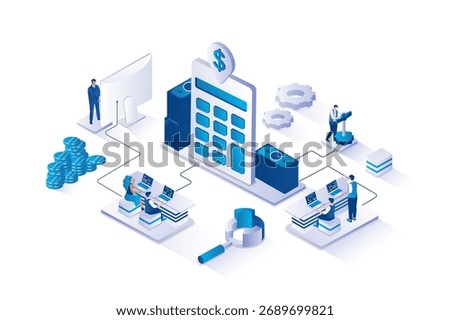 Accountant 3d isometric concept with isometry people design for web. Team inspecting finance, doing financial acconting and budget planning, profit calculation and balance report. Vector illustration.