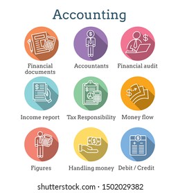 Accountant or Accounting Icon Set with money, accountant and figures images