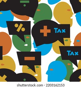 Accountant, advisor, tax concept. Conversation, talk, addition, subtraction, percentage, multiplication, and division vector illustration. Seamless pattern.