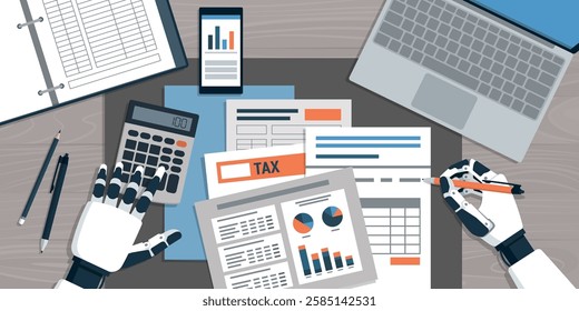 Accountant AI robot checking financial reports on the office desk, business management and AI in accounting concept