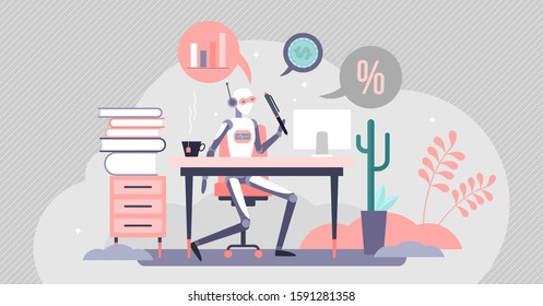 Accountant automation vector illustration concept. Flat tiny calculation robot person. Company finance and tax work. Money management report and payment processing digital service. Human replacement.