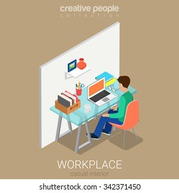 Accountant bookkeeper home casual modern workplace flat 3d isometry isometric concept web infographics vector illustration. Interior block table young worker computer. Creative people collection.