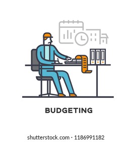 Accountant is the budget of construction. Stages of construction. lined icon, icons. Advertising booklet site infographic Vector illustration