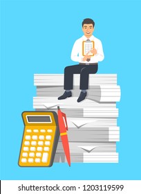 Accountant in business suit sits on stack of papers. Tax payment calculation concept. Accounting documents with calculator and pen. Vector flat illustration. Financial statements metaphor