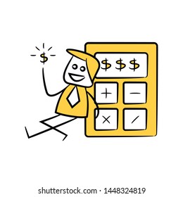 accountant or businessman holds out dollar  and sitting next to calculator yellow stick figure theme