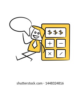 accountant or businessman speech bubble and sitting next to calculator yellow stick figure theme