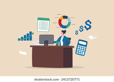 El contable calcula el impuesto, el documento financiero o contable, gestiona la factura, el gráfico y el gráfico financiero de la oficina, el informe monetario o el concepto de auditoría de saldos, la contable de negocios que trabaja en la oficina.