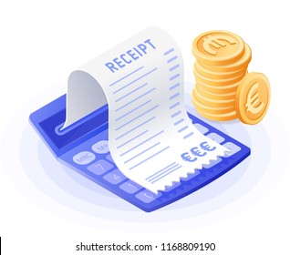 The Accountant Calculator, Bill Payment, Stack Of Euros. Flat Vector Isometric Illustration. The Costs And Expenses Calculation, Financial Advising, Finance Control, Audit, Revision, Business Concept.