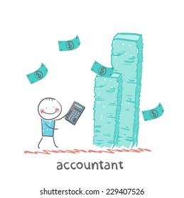 accountant with a calculator considers a lot of money