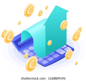 The accountant calculator, increasing arrow, euros gold rain. Flat vector isometric illustration. The finance success, money profit, online banking, stockmarket and stock exchange, business concept.