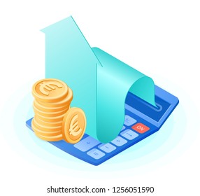 The accountant calculator, increasing arrow graph, stack of euros coins. Flat vector isometric illustration. The finance success, profit, stockmarket, stock exchange, growing money business concept.