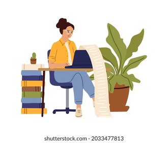 Accountant character. Woman writing on computer, long checklist. Writer or journalist, student study at desk. Tired creative girl works vector concept