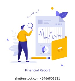 Accountant checking commercial papers with magnifying glass. Financial report concept flat vector illustration. Man auditor inspecting company documents cartoon character color composition