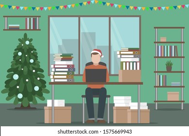 Accountant in Christmas hat preparing annual financial report. Vector.