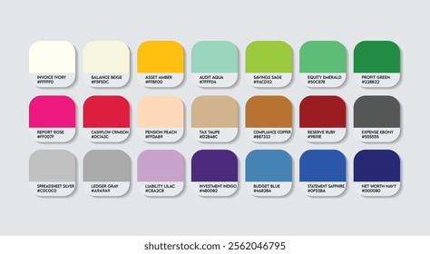 Accountant Color Guide Palette with Color Names. Catalog Sample Accountants with RGB HEX codes and Names. Colors Palette, Media Accountant Color Palette, Fashion Trend Accountant Color Palette