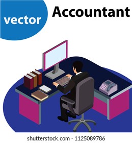 accountant computer. Business man monitoring the business dashboard application at his workplace. Business person working at office concept illustration.