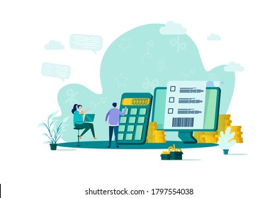 Accountant concept in flat style. Financial balance calculation scene. Business accounting and audit, annual statement and taxes banner. Vector illustration with people characters in work situation.