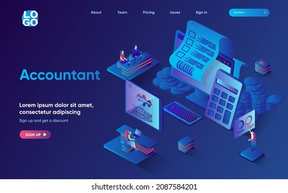 Accountant concept isometric landing page. Team maintains financial acconting and budget planning, profit calculation, 3d web banner template. Vector illustration with people scene in flat design